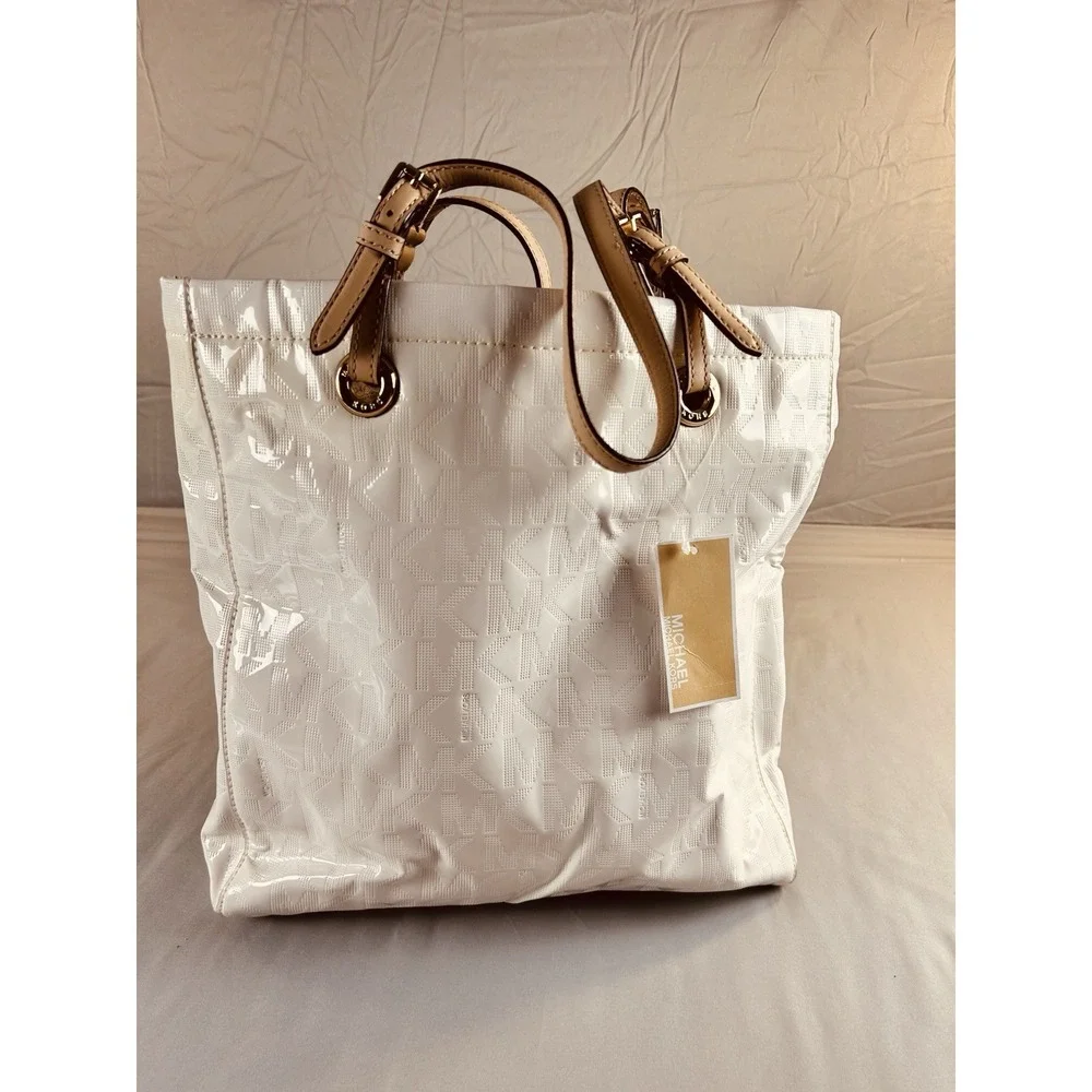 Michael Kors Jet Set White MK‎ Logo Tote Bag Patent PVC Tan Handles